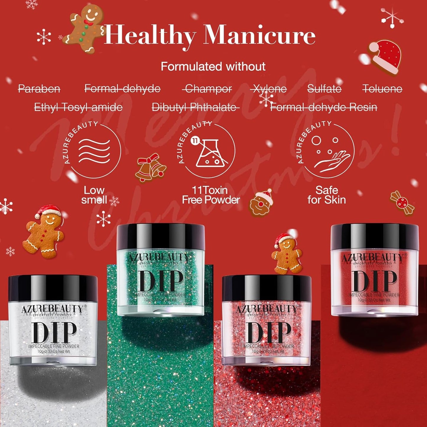 AZUREBEAUTY Christmas Dip Powder Nail Kit Green Red Glitter Silver 12 Pcs Acrylic Dip Powder Liquid Set with Base/Top Coat Activator for French Nail Art Manicure Home Holiday Gifts Set