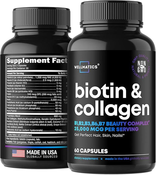 Biotin and Collagen Supplements - Hair Growth Vitamins - Made in USA - Hair and Nails Vitamins for Women - Biotin Vitamins for Hair Skin and Nails - Vitamin B Complex - Hyaluronic Acid - 60 Caps