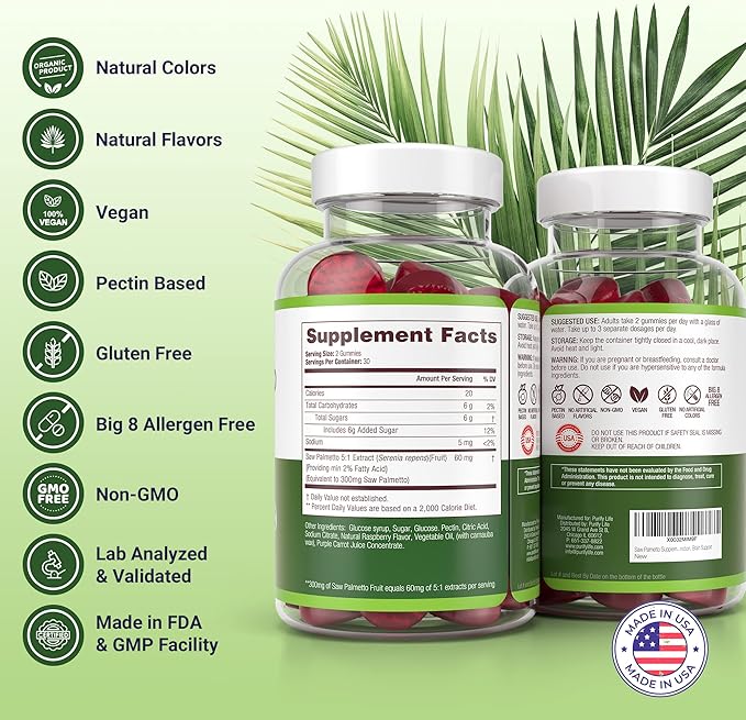 Vegan Saw Palmetto for Women & Men - Potent Saw Palmetto Extract, Prostate Supplements for Men, DHT Blocker for Womens Hair Growth, Hormonal Balance Gummies, PCOS Hair Loss, DHT Blocker, Gluten-Free