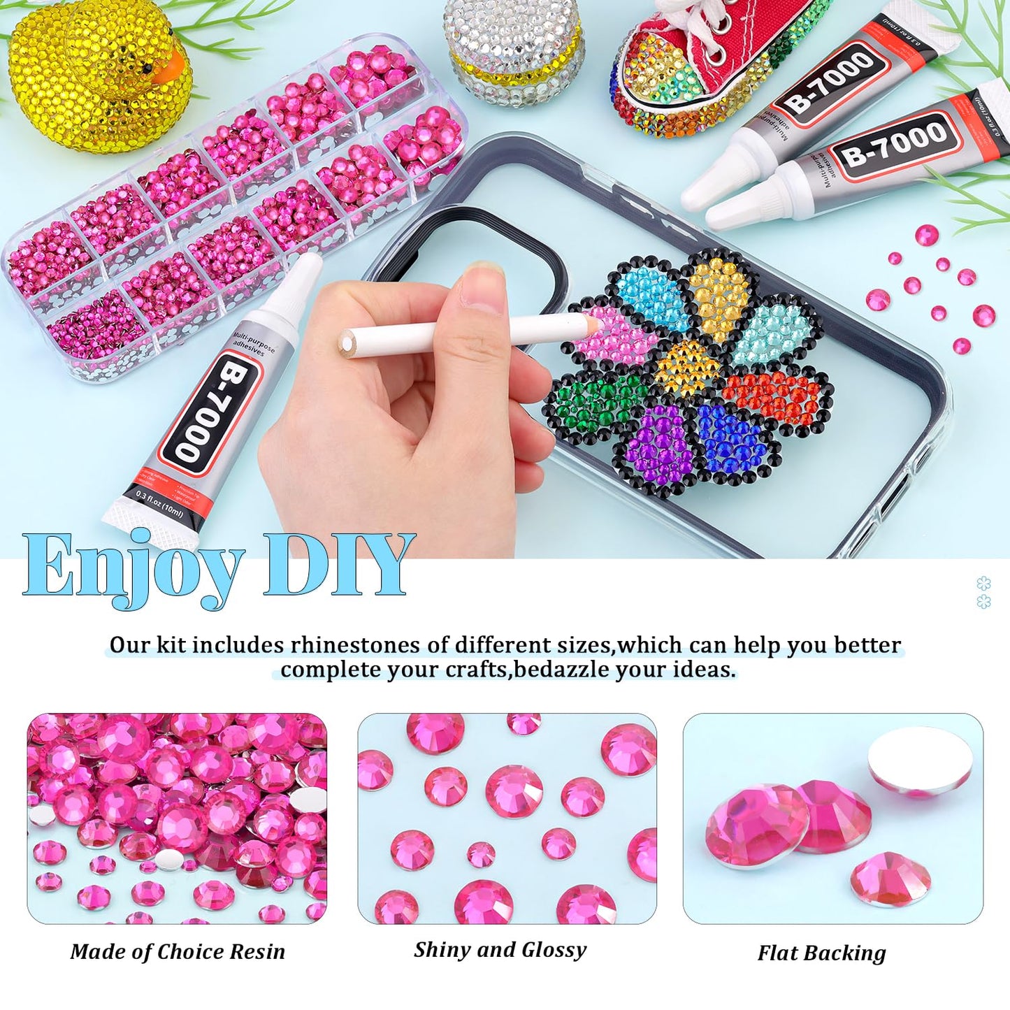6000Pcs Resin Rhinestones for Bedazzling with 3Pcs B7000 Jewelry Glue, 1 Box Hot Pink Flatback Rhinestones for Crafting Crafts DIY, Crystals Gems for Clothing Shoes Tumblers Nail Art Makeup