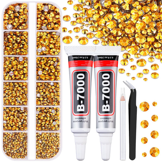 6100Pcs Resin Rhinestones for Crafting with 2Pcs 10ml B7000 Jewelry Glue, 1 Box Flatback Crystals Diamond (Gold) for Bedazzling Crafts DIY Nail Art Non Hotfix Gems for Clothing Shoes Tumblers