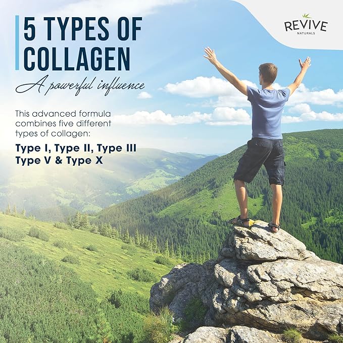Revive Naturals Multi Collagen Protein Capsules - Types I, II, III, V & X - Hydrolysed Grass Fed Bovine, Wild Caught Marine & Free-Range Chicken, Made with Hyaluronic Acid & Vitamin C, 120 Caps
