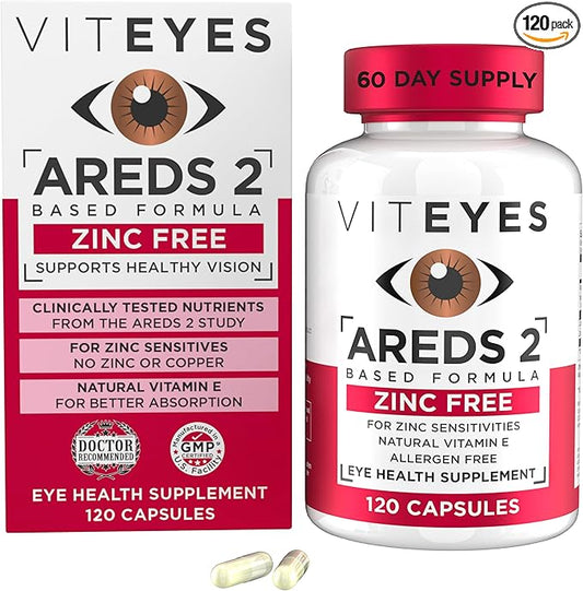 Viteyes AREDS 2 Zinc Free Macular Support, Natural Allergen Free Capsules with Vitamin E, Vitamin C, Lutein & Zeaxanthin, No Zinc, No Copper, Eye Doctor Trusted, Manufactured in The USA, 120 Ct