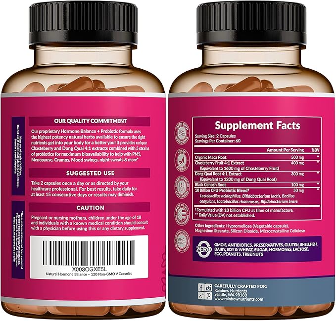 (2 Pack) Hormone Balance + Probiotics for Women (3450mg) Natural Relief for Menopause, Hot Flashes, PMS, Bloating | 4:1 Chasteberry, Dong Quai, Black Cohosh | Non GMO|240 V Capsules