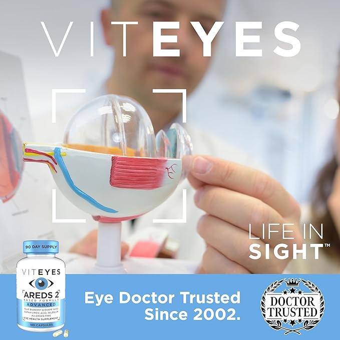 Viteyes AREDS 2 Advanced Eye Vitamins, Macular Support with Bilberry, grapeseed, FLORAGLO Lutein, Selenium, Natural Vitamin E, Allergen Free, Vision Protection, Eye Doctor Trusted, 180 Count