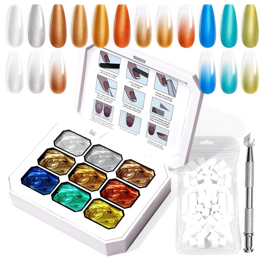 Gradient Painting Gel, 9 Colors Ombre Gel Nail Polish Gold Silver Blue Metallic Effect Sponging for Pigment Pat Aura Nails, French Manicure Soak of UV Home Salon Satin Metal