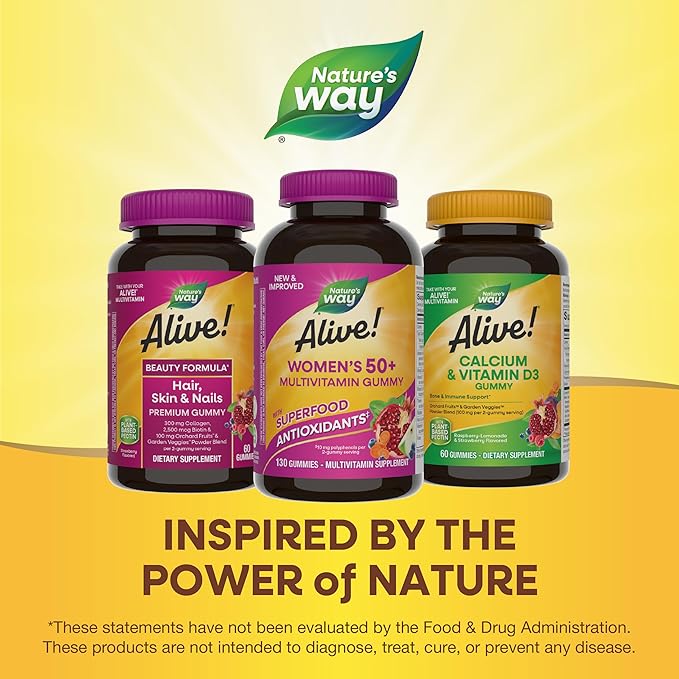 Nature's Way Alive! Women’s 50+ Daily Gummy Multivitamins, Supports Multiple Body Systems*, Supports Healthy Heart, Brain & Bones,* B-Vitamins, Mixed Berry Flavored, 130 Gummies (Packaging May Vary)