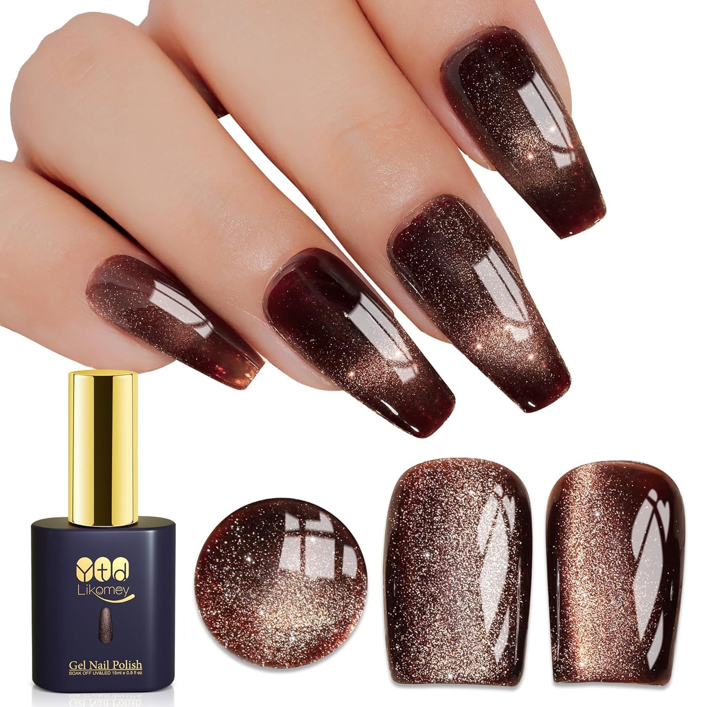 YTD Likomey Cat Eye Gel Nail Polish,15ml Brown Holographic Translucent Neutral Velvet Jelly Sheer Shiny Magnetic Gold Glitter Fall Winter UV Color Varnish with Magnet Stick,MY386
