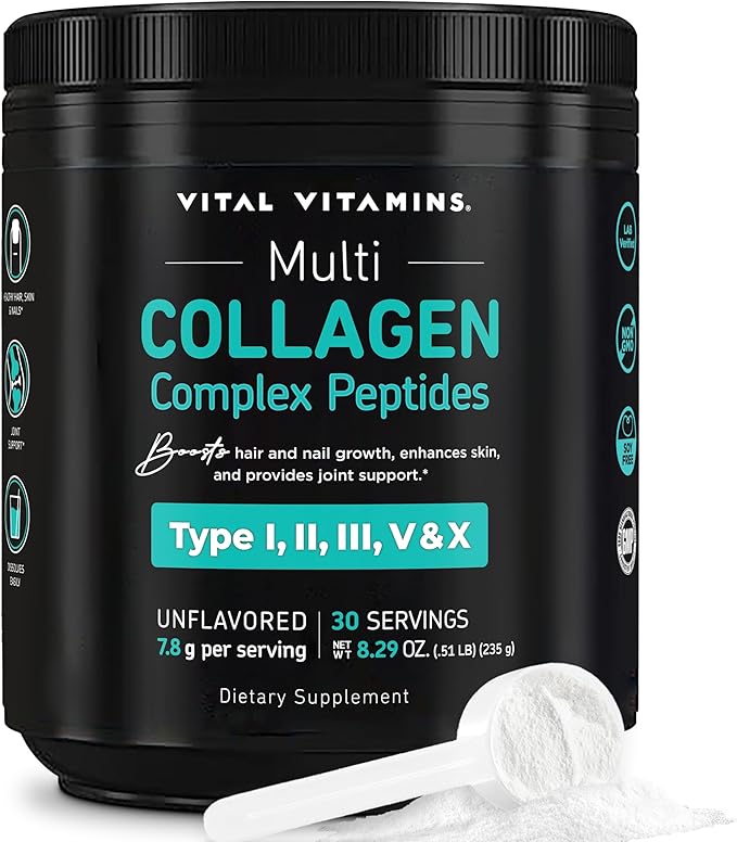 Vital Vitamins Collagen Powder Unflavored - Multi Collagen Type I, II, III, V, X - Collagen Peptides Powder for Women & Men - Promotes Hair, Skin, Nails, & Joint Health - 30 Servings