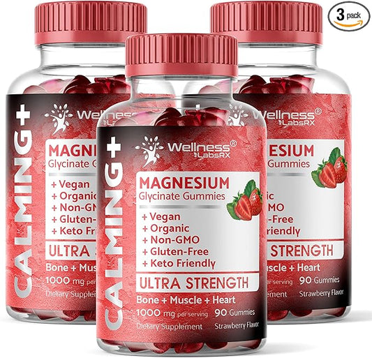 Magnesium Glycinate Gummies - 1000 mg - Magnesium Supplement to Support Relaxation, Stress Relief, Heart Health - Chewable Magnesium Gummies for Adults - Strawberry Flavor - Pack of 3