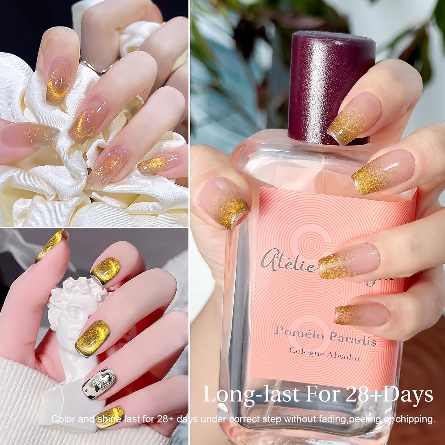 Cat Eye Gel Nail Polish with Magnet Stick, 15ml Glitter Holographic Nail Polish, Magnetic Effect Gel for Home DIY Manicure Gift, Champagne Gold