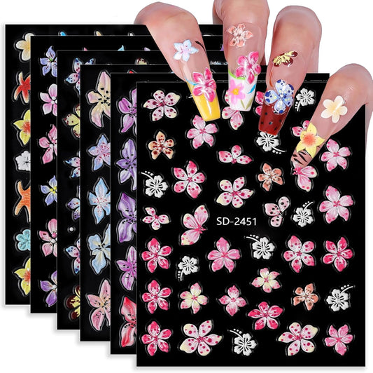 Hawaii Flower Nail Stickers 6 Sheets 5D Embossed Floral Nail Decals Pink Blue Hibiscus Nail Art Stickers for Women DIY Manicure Supplies Decorations