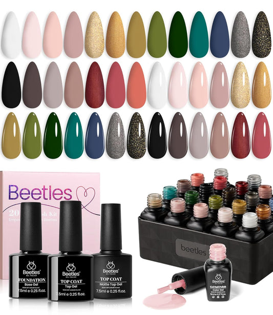 Beetles Fall Gel Nail Polish Kit with Base Top Coat, Neutral Nude Brown Pink Grey Green White Black Glitters Gel Polish Set Soak off UV Led Nail Art Winter Manicure Gift for Women