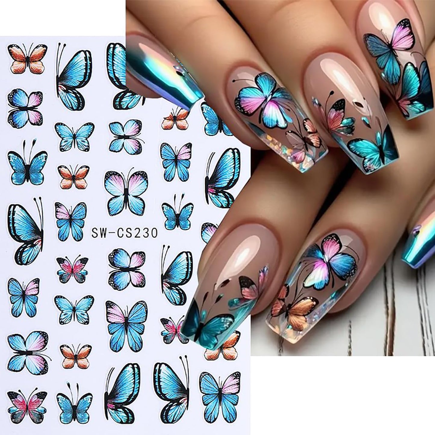 Butterfly Nail Art Stickers Gold Butterflies Nails Art Decals 3D Self-Adhesive Nails Sticker Holographic Spring Decal Decoration for Women Blue Butterfly Manicure Stickers DIY Nail Supplies