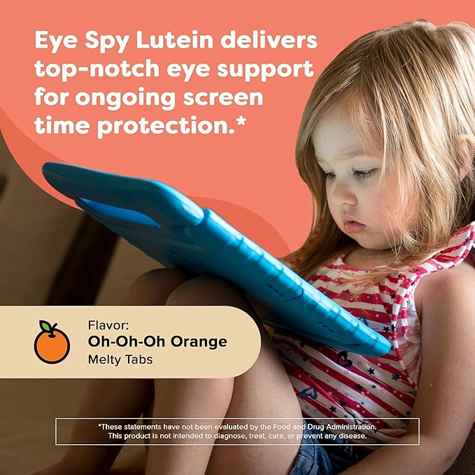 Renzo's Eye Spy Lutein with Bilberry Extract – Dissolvable Kids Vitamins for Eye Health - Sugar-Free Eye Supplements, 30 Orange-Flavored Melty Tabs