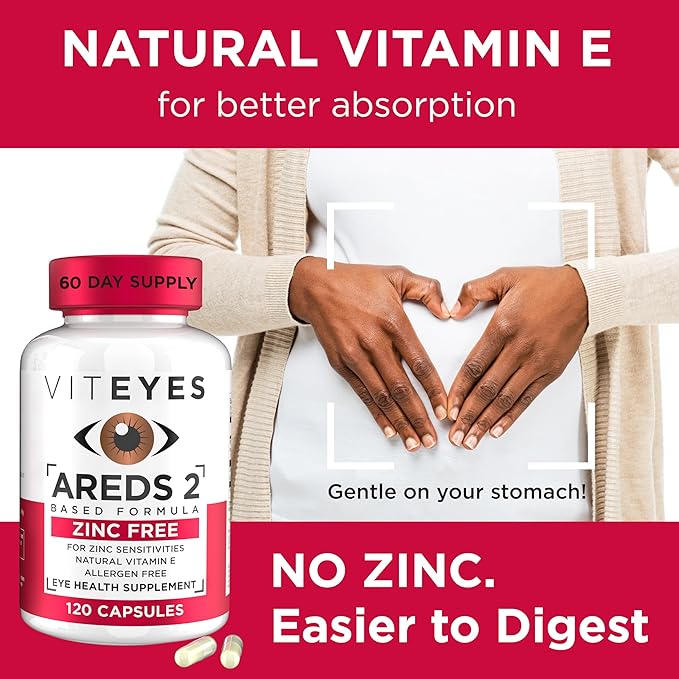 Viteyes AREDS 2 Zinc Free Macular Support, Natural Allergen Free Capsules with Vitamin E, Vitamin C, Lutein & Zeaxanthin, No Zinc, No Copper, Eye Doctor Trusted, Manufactured in The USA, 120 Ct