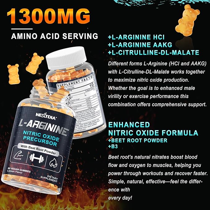 Sugar Free L Arginine Nitric Oxide Gummies 1300mg for Men & Women with L Citrulline, Beet Root, B3 | L Arginine L Citrulline Supplements for Performance, Muscle Growth & Recovery | Vegan, 120 Counts