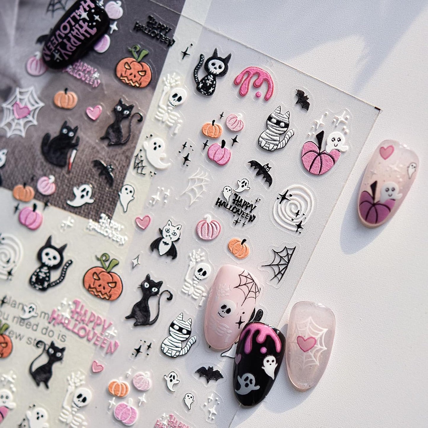 Halloween Nail Stickers for Nail Art Pink Black Cute Cat Skeletone Pumpkin Nail Art Stickers 5D Embossed Nail Decals 3D Self-Adhesive Nails Supply Manicure Sliders for Nails Decoration
