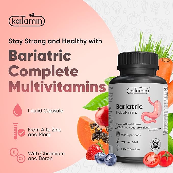 Bariatric Multivitamin with Iron for Post-Bariatric Surgery - Easy-to-Swallow Liquid Capsules with 42 Fruit & Veggie Blend - 120 Capsules, 2 Month Supply