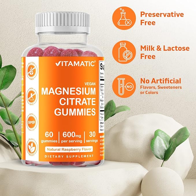 Vitamatic Magnesium Citrate Gummies 600mg per Serving - 60 Vegan Gummies - Promotes Healthy Relaxation, Muscle, Bone, & Energy Support (60 Gummies (Pack of 1))