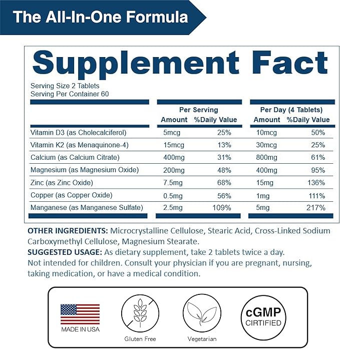 Calcium 800 mg | Highly Absorbable Bone Support with Magnesium, Vitamin D3 & K2 | Plus Zinc, Copper & Manganese | Vegan Supplement, 120 Tablets