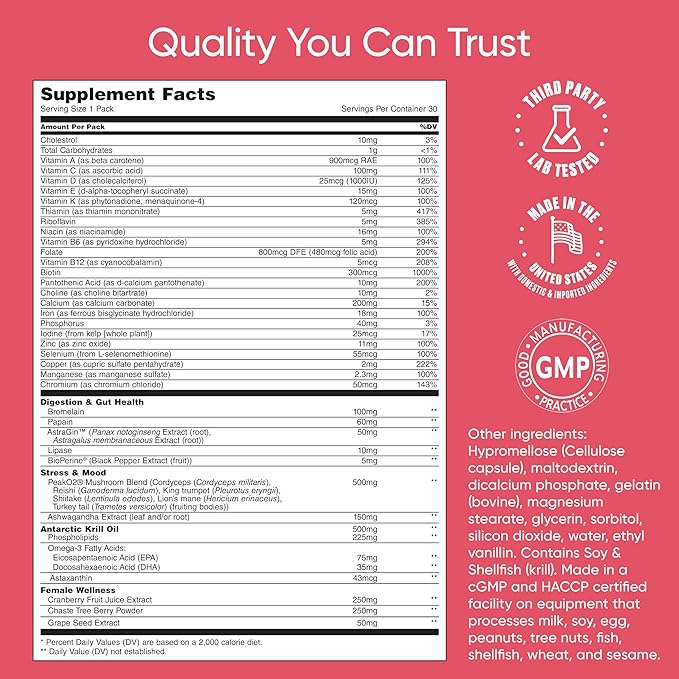 Women's Total Health Pack Daily Multivitamin Supplement, Energy, Stress & UT Support, Krill Oil, 22 Key Vitamins & Minerals, Iron, Biotin, Zinc, Selenium, Astaxanthin, Calcium (30 Pack)