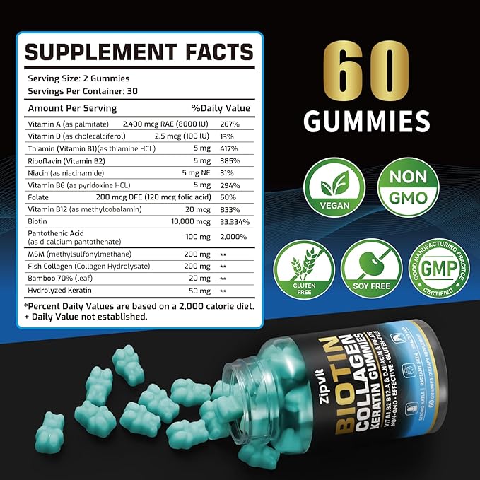 Biotin Collagen Gummies – Hair Skin and Nails Vitamins for Women & Men – Hair Growth Vitamins: B1, B2, B3, B6, B7, Collagen, Keratin, Vitamin A & D – Hair Growth Supplement – 120 Gummy Bears