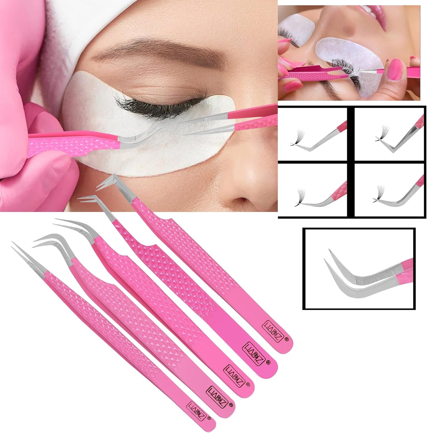 HADIZ Fiber Tip Eyelash Extension tweezers Lash Tweezer Japanese Steel set of five (Raspberry)