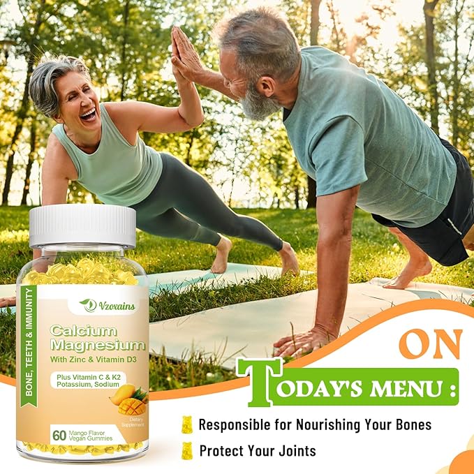 High Absorption Calcium Gummies, Sugar Free Calcium Magnesium Supplement with Vitamin D3 K2 for Bone & Teeth Strength, Muscle Function - Vegan, Mango Flavor 60 Cts