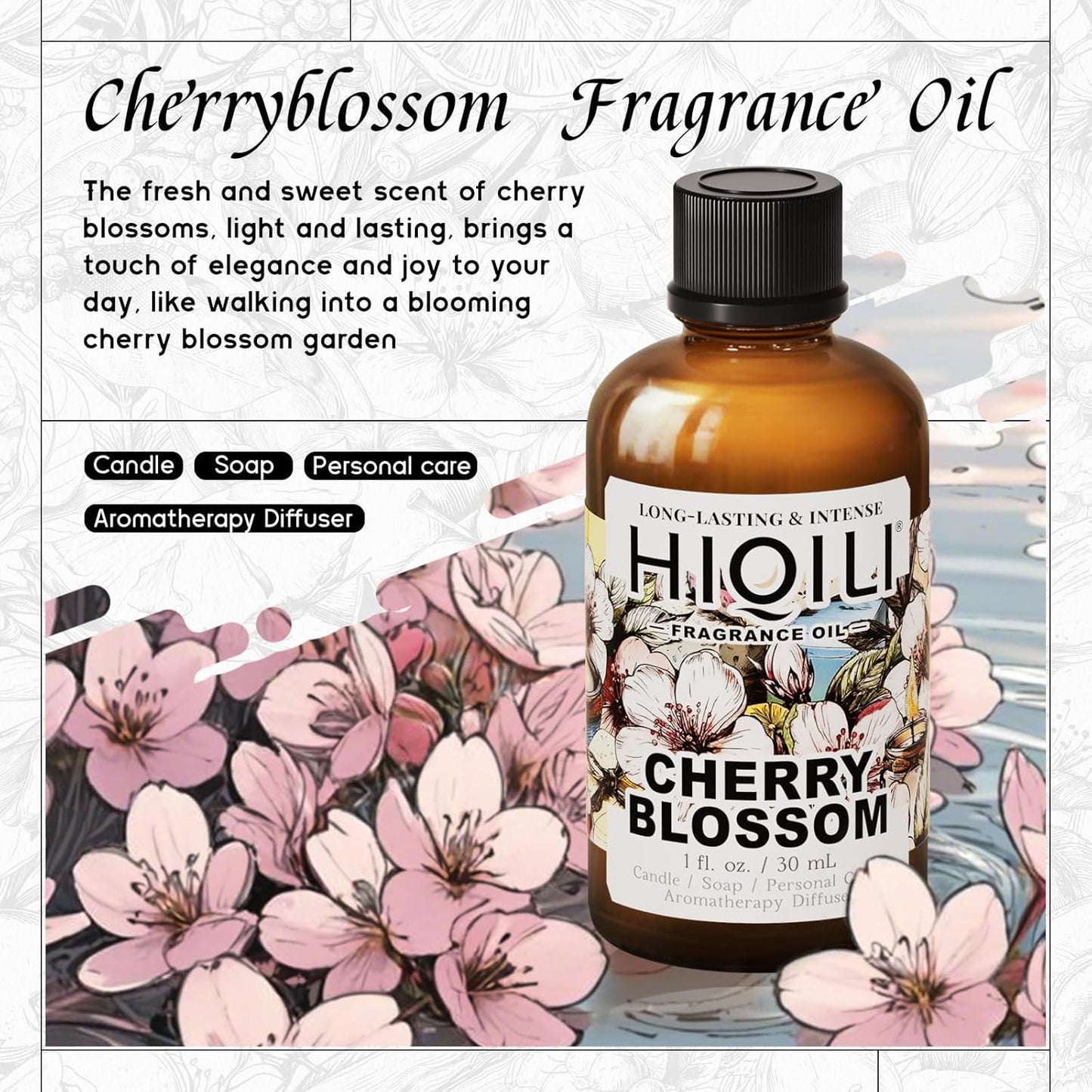 HIQILI Cherry Blossom Fragrance Oil, Floral Perfume Oil, Candle Scents for Candle Making, for Diffuser & Fresh Spray, Long-Lasting Scent - 1 Fl Oz