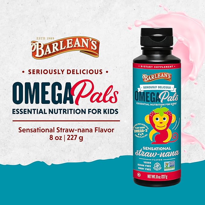 Barlean's Omega Pals Omega 3 for Kids, Yummy Straw-Nana Flavored Children's Liquid Flax Seed Oil Supplement with 1,483 mg ALA, Non-GMO, Vegan Brain & Eye Health, 8 oz