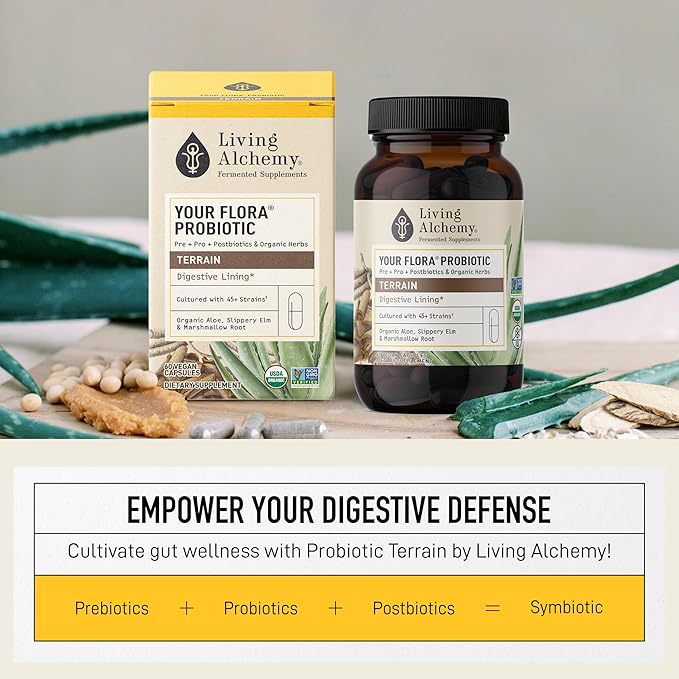 Gut Health Supplements - Your Flora Probiotic Terrain with Fermented Soybean, Aloe Vera, Prebiotics, Digestive Enzyme, Probiotic for Women & Men- Vegan, Non-GMO - Living Alchemy, 60 Pcs