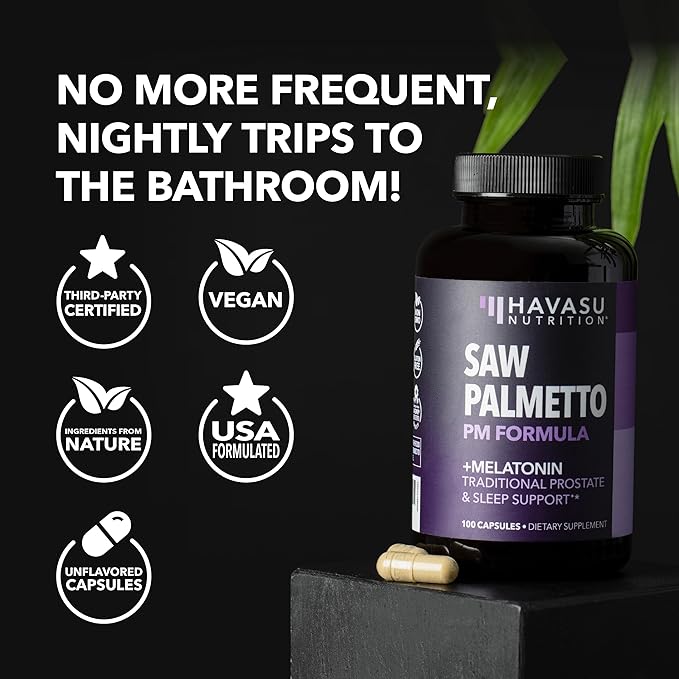 Night Time Saw Palmetto for Men - Saw Palmetto With Melatonin 3 mg and Chamomile Extract - Sleep & Prostate Supplement - Reduce Urinary Frequency for Men & Support Bladder in PM - Over 6 Month Supply