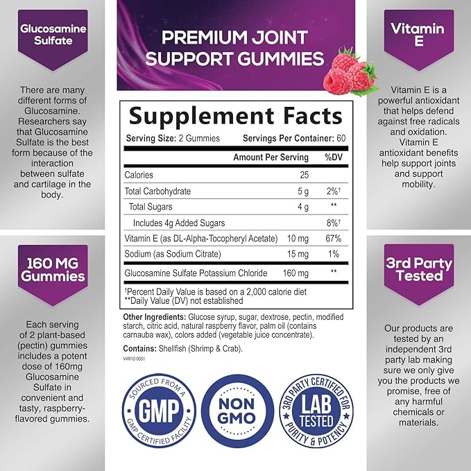 Joint Support Gummies Glucosamine Plus Vitamin E - Nature's Joint Support Supplement for Occasional Discomfort for Back, Knees & Hands - Cartilage & Joint Health & Flexibility Support - 120 Gummies