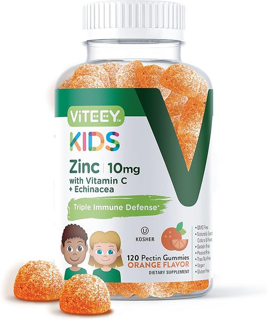 Zinc for Kids Gummies 10mg, with Vitamin C & Echinacea for Kids - Immune Support, Powerful Natural Antioxidant, Kids Zinc Vitamin Supplement - Vegan, Gelatin Free - Tasty Chewable Orange Flavor Gummy