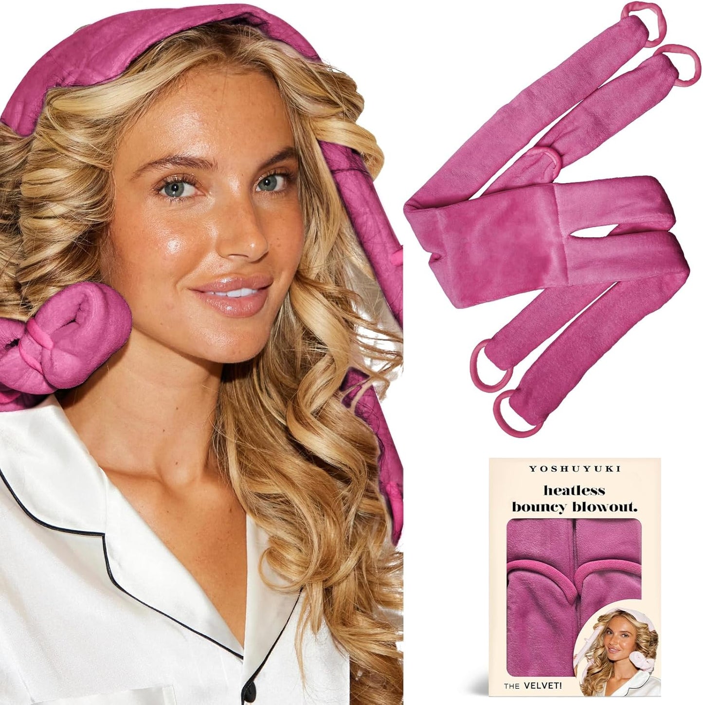 Heatless Hair Curler Curls Overnight Rods No Heat Hair Curlers to Sleep in, Soft Heatless Curling Ribbon Set with Clip Hair Rollers for Blowout Look Long Short Hair, Sonic Pink