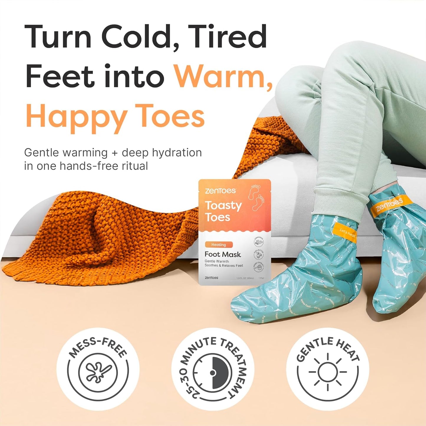 ZenToes Heating Foot Mask - Moisturizing Heated Foot Treatment with Cinnamon Oil & Shea Butter for Tired, Overworked Feet - Paraben Free Spa Experience at Home, 3 Pairs