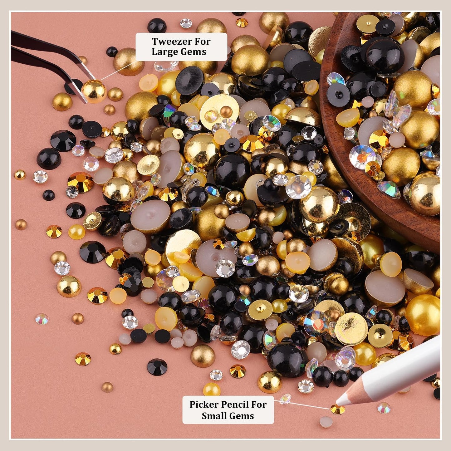 80g Flatback Pearls and Rhinestones for Crafting, Golden Black 3-10mm Resin Rhinestones and Half Pearls for Bedazzling, Nail Art and Dec with 3pcs 10ml B7000 Jewelry Glue, Tweezer and Pickup Pencil
