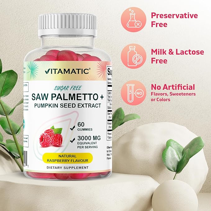 Vitamatic Sugar Free Saw Palmetto with Pumpkin Seed - 3000 mg Equivalent per Serving - Natural Raspberry Flavor - 60 Count