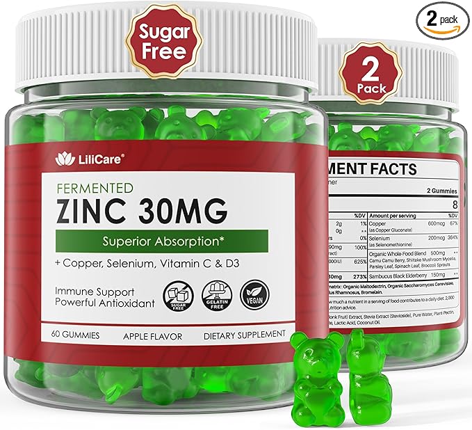 Zinc Gummies 30mg, High Absorption Fermented Zinc Supplements + Copper, Selenium, Vitamin C & D, Black Elderberry, Zinc Complex for Daily Immune Support, Powerful Antioxidant, Vegan, Sugar Free 2 Pack