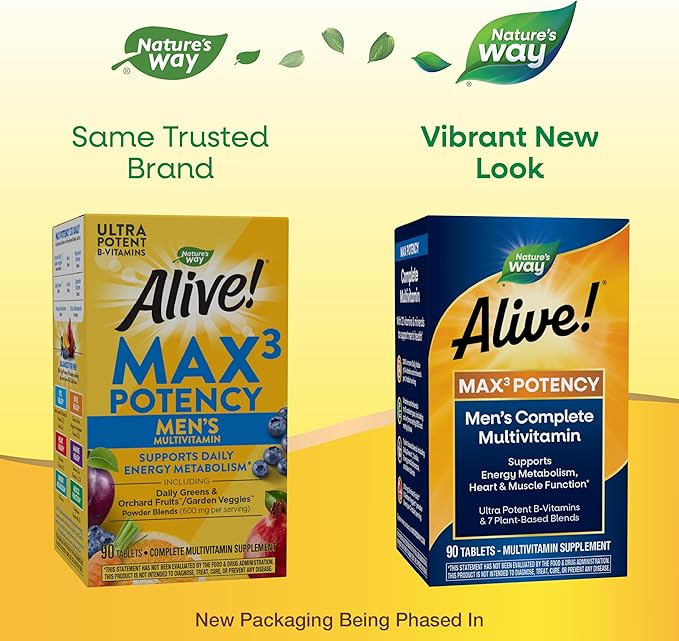 Nature’s Way Alive! Men’s Max3 Potency Multivitamin, Supports Energy Metabolism*, Heart & Muscle Function*, with Methylated B12 and Folate, Gluten-Free, 90 Tablets (Packaging May Vary)