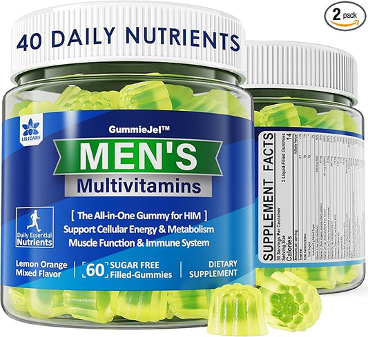 (2 Pack) Multivitamin for Men, Daily Mens Multivitamins & Multiminerals Gummies, Mens Vitamins A C D E B6 B12, Methylfolate, Omega 3, Probiotics, Enzymes for Energy, Immunity, Sugar Free, (No Iron)