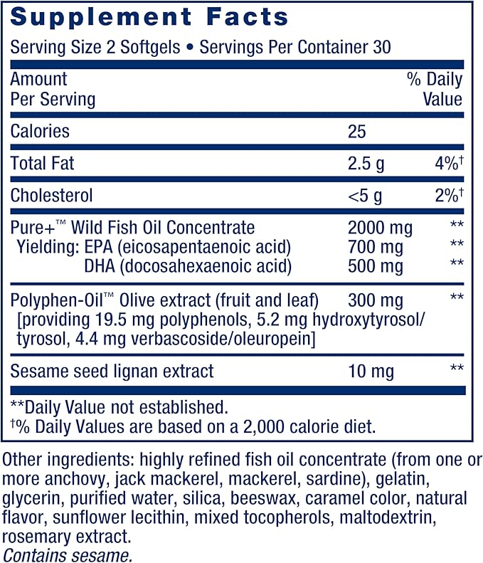 Life Extension Super Omega-3 EPA/DHA Fish Oil, Sesame Lignans & Olive Extract – Heart Health, Brain Health, Inflammation Health Support, Cholesterol Health Support, Gluten-Free, Non-GMO, 60 Softgels