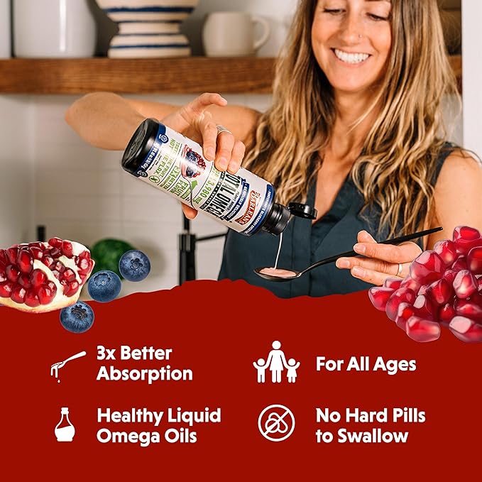 Barlean's Liquid Flaxseed, Borage & Algae Oils Omega 3 Supplement, Pomegranate Blueberry Flavor, Vegan EPA & DHA from Algal Oil, Flax Oil and Borage Seed Oil with 3,980 mg of Omega-3-6-9, 16 oz