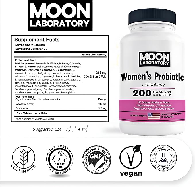 Premium Women's Probiotic, Prebiotic + Cranberry, 200 Billion CFUs, 35 Unique Strains & Fibers. PH Balance, Digestive, UTI & Overall Feminin Health. 60 Capsules.