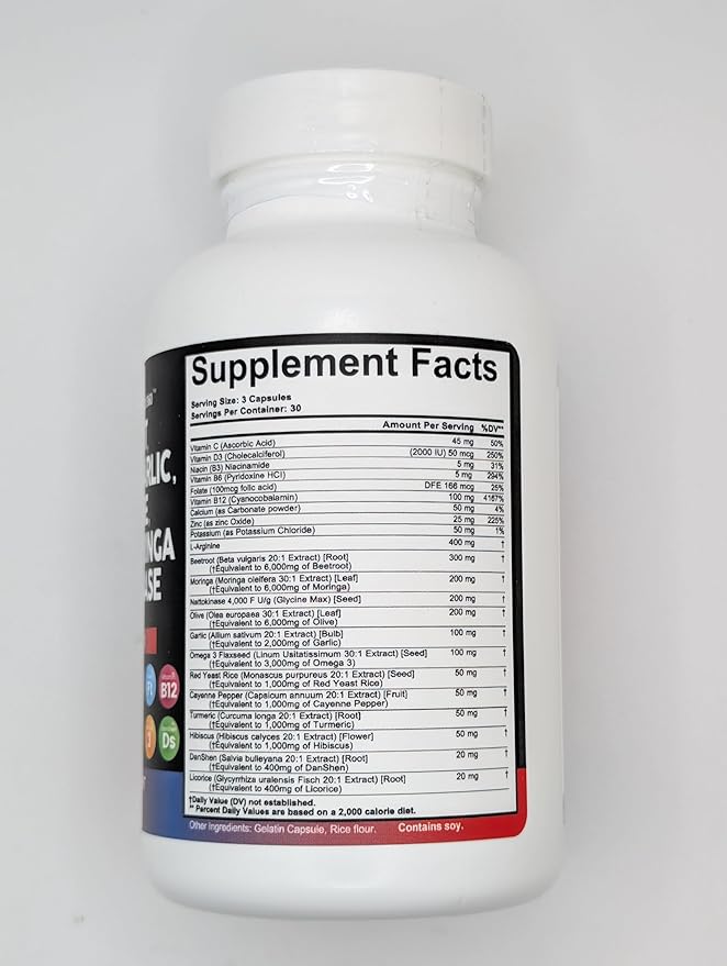 Clean Nutraceuticals Beet Root Capsules Olive Leaf Nattokinase Garlic Extract L-Arginine Omega 3 Red Yeast Rice Hibiscus Danshen - Healthy Support Supplement - 90 Ct