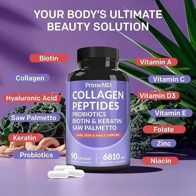 27-in-1 Hair Skin and Nails Vitamins (6810mg) w/Biotin 10000mcg - Collagen Supplements for Men and Women Hair Growth Vitamins, Keratin Supplements with Probiotics, Saw Palmetto (90 ct, Pack of 2)