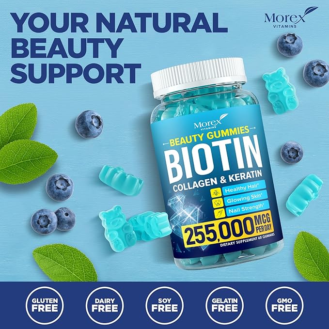 Hair Vitamins Natural Gummies - Biotin Multivitamin for Hair, Skin & Nails with Collagen & Keratin - Anti Aging Collagen Gummy Vitamins for Men & Women - Hair & Nail Growth Gummies - 60psc
