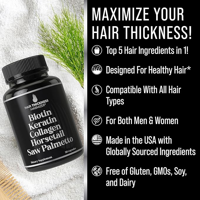 Biotin + Keratin + Collagen + Horsetail + Saw Palmetto. Advanced 5-in-1 Hair Growth Supplement for Women and Men. Hair Vitamins, DHT Blocker Pills. Capsules for Thinning Hair with Biotin 5000mcg