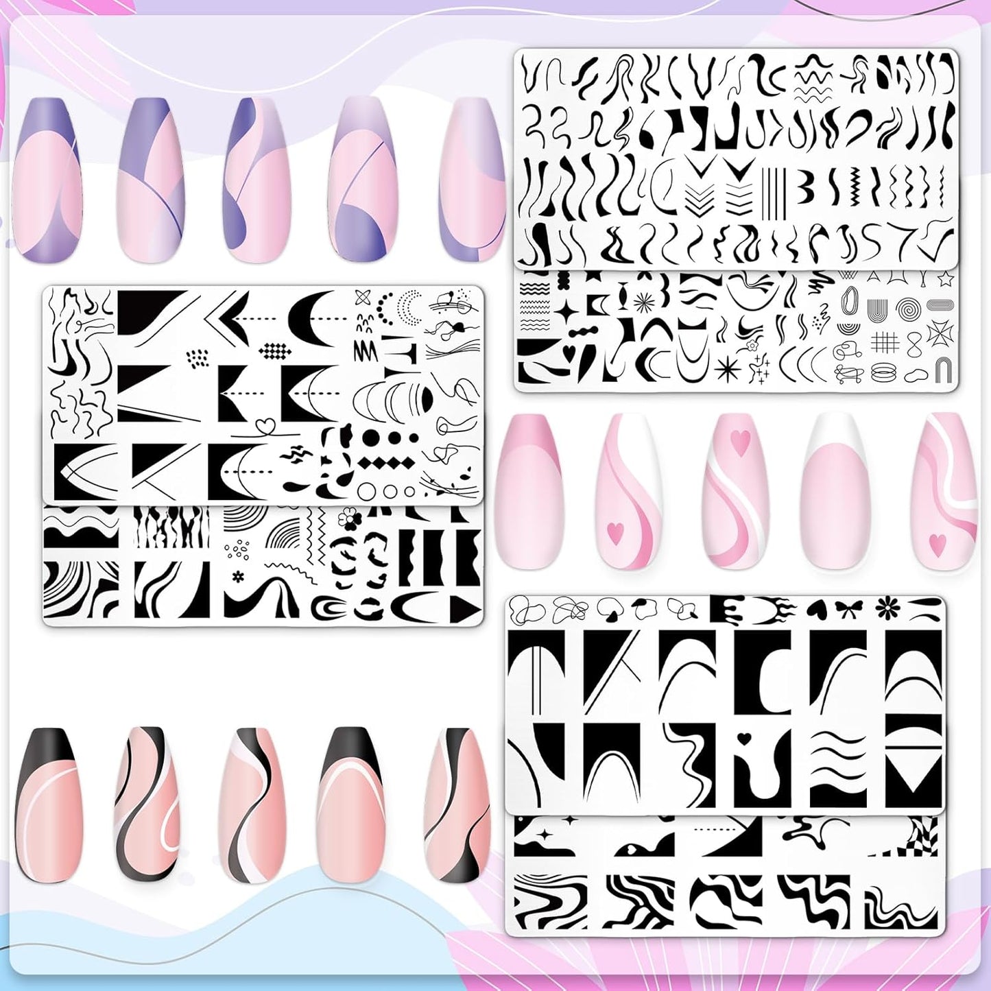 Whaline 6Pcs French Line Nail Plates Stamping Set Minimalism Wave Stripe Stamp Templates Nail Art Plates For DIY Print Manicure Salon Design